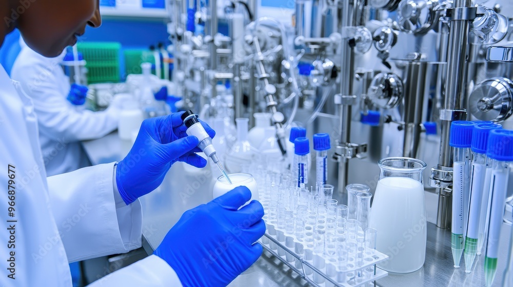 Wall mural Scientist in Lab Coat Conducting Research with Pipette and Test Tubes