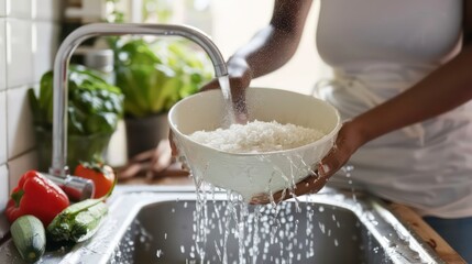 A woman washes rice in a white bowl under running water in a kitchen sink.