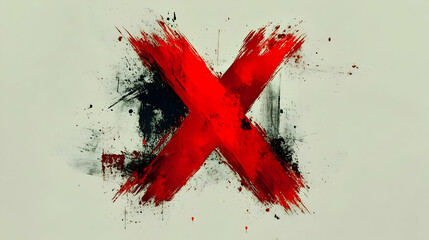 A bold red 'X' painted with splashes and strokes on a light background.