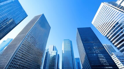 Obraz premium Modern Glass Skyscrapers Upward View Blue Sky Urban Architecture