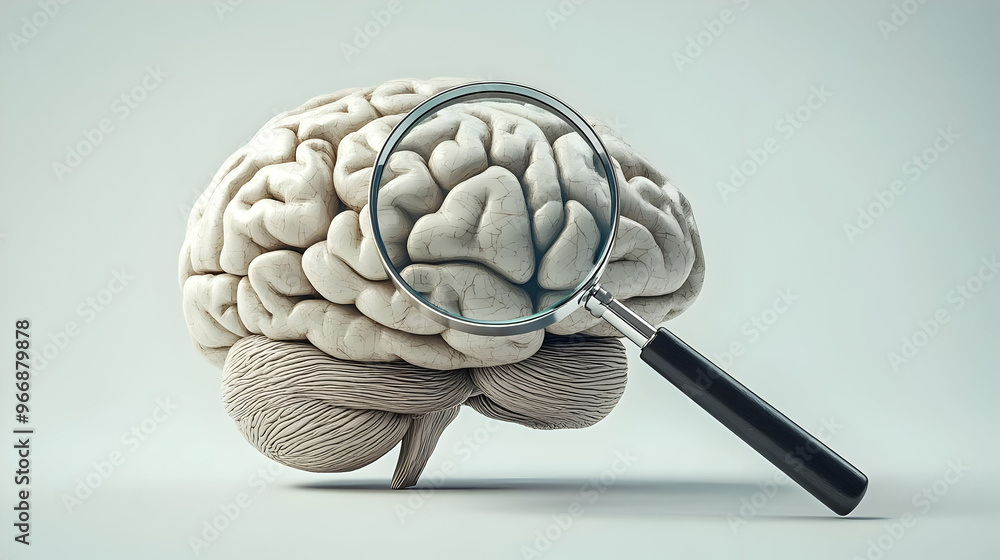 Poster a brain model with a magnifying glass, symbolizing focus on neuroscience and cognition.