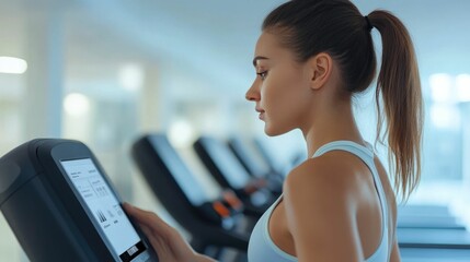 Woman using a smart connected treadmill controlled through a fitness app on a digital display adjusting the speed and incline settings for her indoor workout and exercise routine