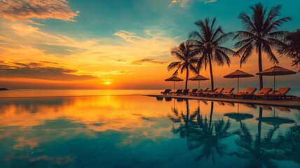 Fantastic poolside, sunset sky, palm trees reflection. Luxury tropical beach landscape, infinity swimming pool, deck chairs and loungers under umbrellas amazing scenic. Vacation resort hotel landscape