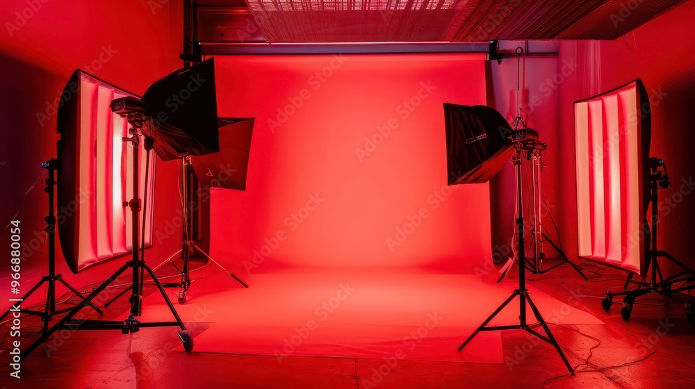 Poster red studio background with three lights, one on each side and one on the back, creating a dramatic a