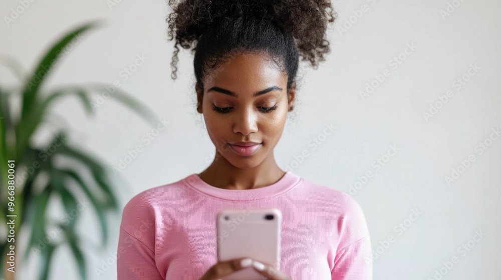 Poster woman using a gamified fitness app with a bright and playful user interface to stay motivated and en