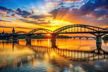 Fototapeta premium Silhouette of bridges over river at sunset in Europe