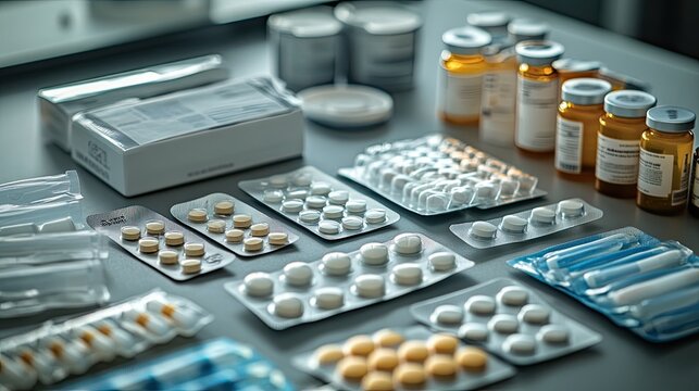 15. A variety of testosterone replacement therapy options, including patches, gels, and injectables, displayed neatly on a smooth, clinical background. Each item is well-lit, emphasizing the