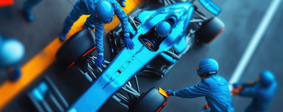 A stunning overhead view of a blue racing car during a fast-paced pit stop with team members actively engaged in the process.
