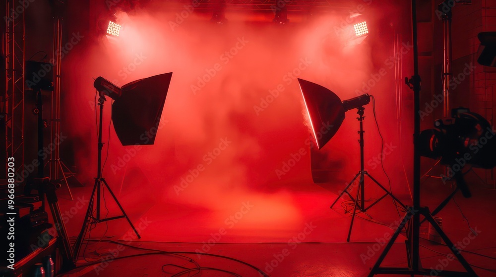 Poster a red studio set with two softboxes and a camera on a tripod. there is a cloud of smoke in the backg