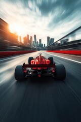 Fast-paced race car zooming through city streets at sunset, showcasing speed and urban energy.