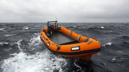 Obraz premium Orange Inflatable Boat on Rough Sea