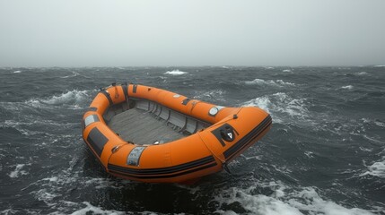 Obraz premium Orange Inflatable Life Raft in Rough Sea with Cloudy Sky