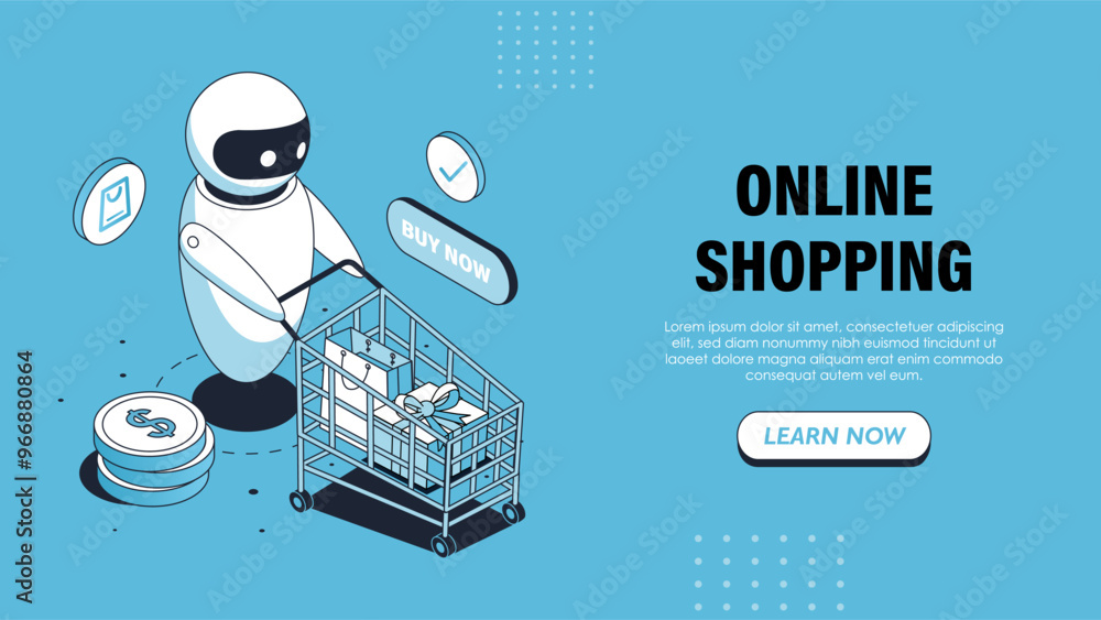 Aufkleber isometric online shopping bot poster. internet bot with cart. virtual assistant and helper with bag 