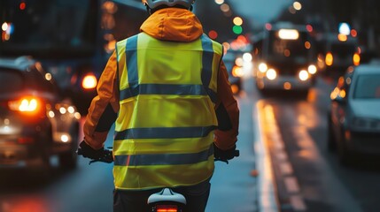 A cyclist wearing a safety vest rides through city traffic at dusk.