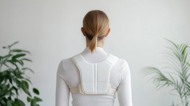 Woman wearing a smart posture corrector device that provides real time feedback on her body alignment enabling tech driven wellness and improvement of her overall physical health and wellbeing