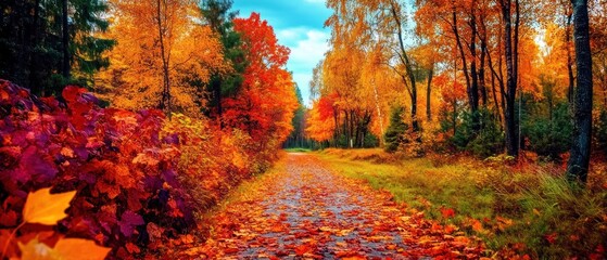Fototapeta premium A Pathway Through Vibrant Autumn Forest