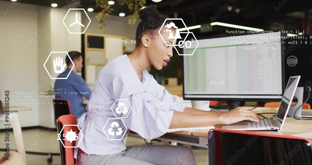 Aufkleber animation of media icons and data processing over diverse colleagues working in office