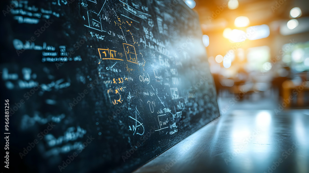 Poster a chalkboard filled with mathematical equations and diagrams in a classroom setting.