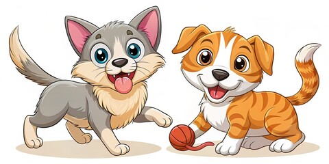 Fototapeta premium A happy cat with a fluffy coat and a goofy dog with a wagging tongue frolic together, their