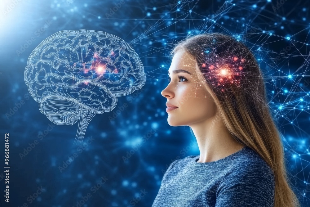 Poster cortical neurons neuroplasticity and cognitive load woman illuminated by glowing brain overlay symbo