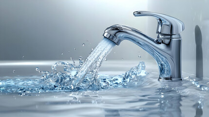 A chrome faucet pouring water into a basin, creating ripples in the water surface.