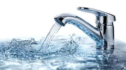 A chrome faucet pouring water into a basin, creating splashes.