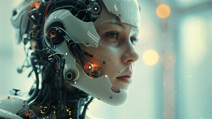 Fototapeta premium Close-up of a female humanoid robot with futuristic technological enhancements