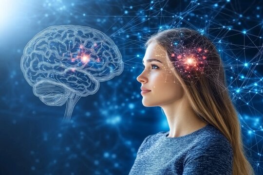 Cortical neurons neuroplasticity and cognitive load woman illuminated by glowing brain overlay symbolizing advanced cognitive processes and neural stimulation