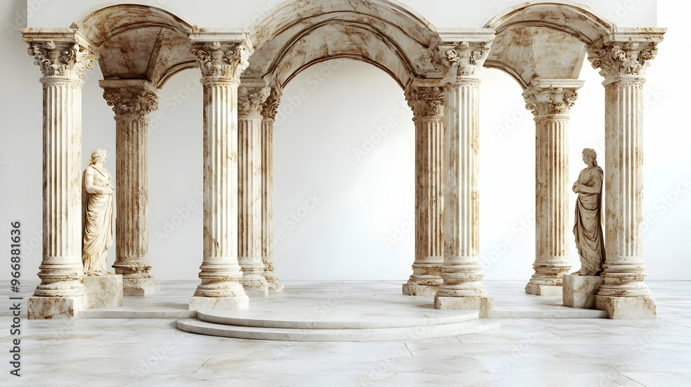 Poster a classical architectural setting with columns and statues in a minimalist environment.