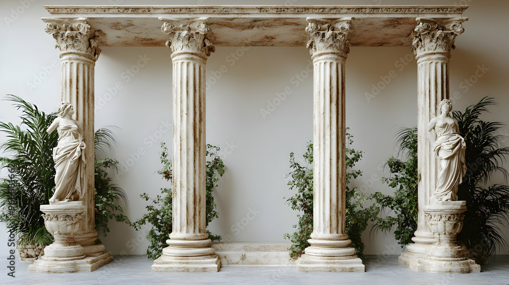 Poster a classical architectural structure featuring columns and sculptures with greenery.