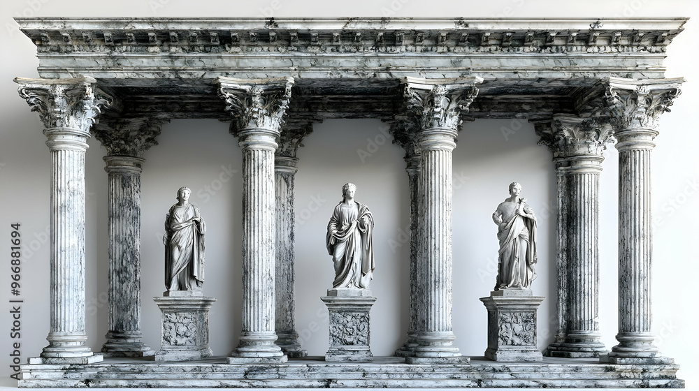 Poster a classical architectural structure featuring columns and statues.