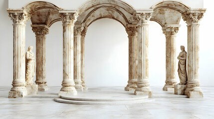 Obraz premium A classical architectural setting with columns and statues in a minimalist environment.