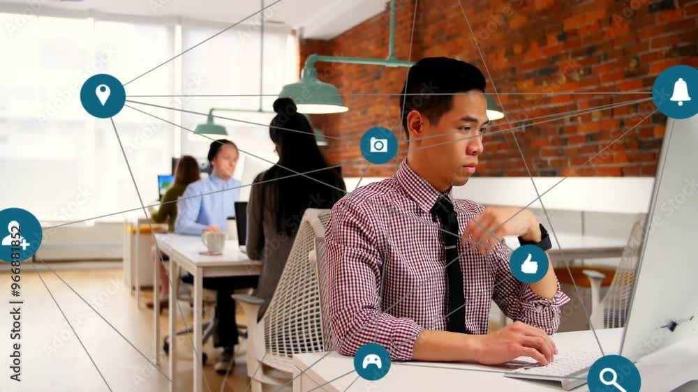 Poster animation of network of connections with icons over diverse colleagues working in office