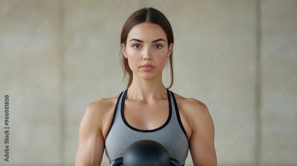 Poster woman utilizing a smart kettlebell that tracks her reps form and provides data driven feedback to en