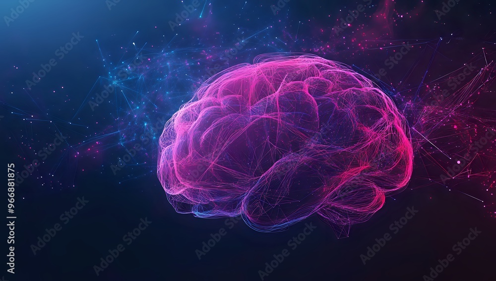 Poster abstract image of a brain with glowing pink lines on a dark background.