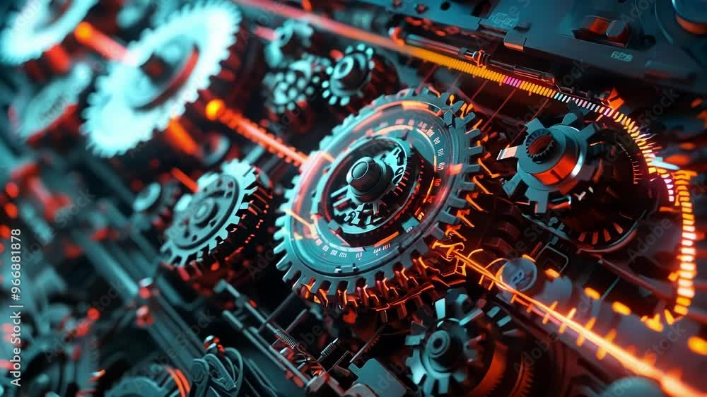 Poster complex mechanism with gears interlocking and glowing in red and blue. symbolizing innovation and ad