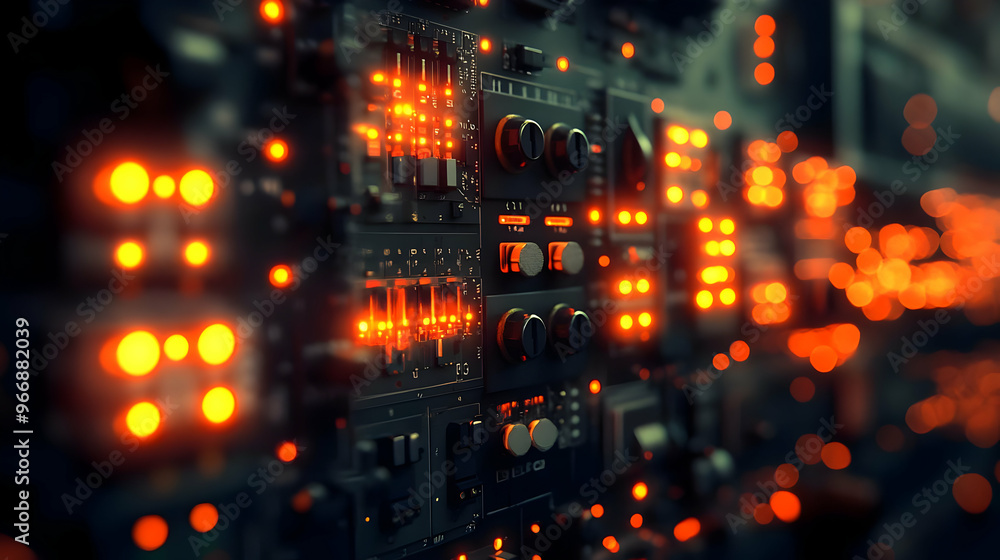 Poster a close-up of a circuit board with glowing orange lights and various controls.