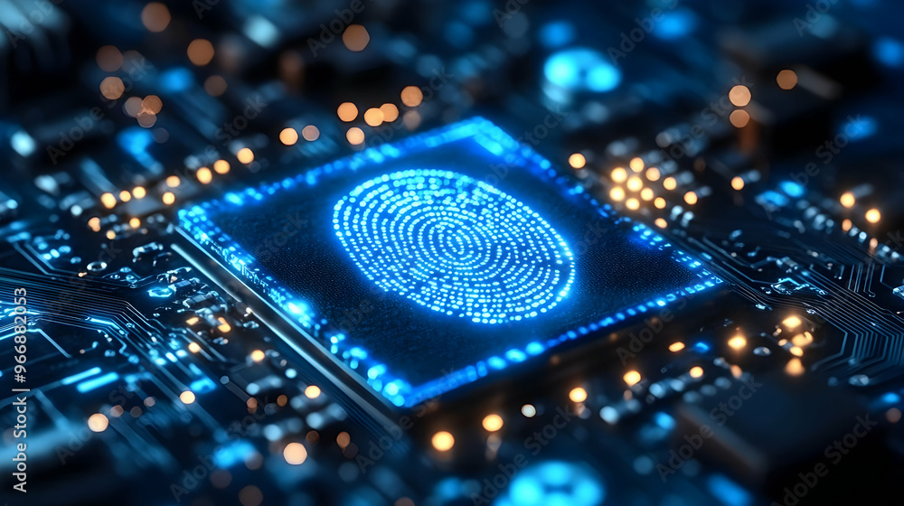 Poster a close-up of a circuit board featuring a glowing fingerprint sensor.