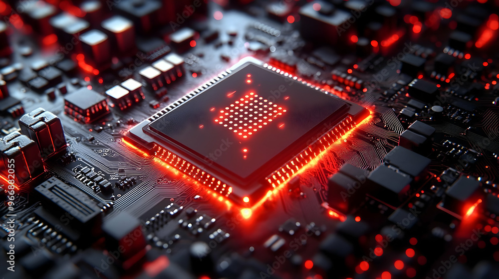 Poster a close-up of a circuit board with a glowing microchip, showcasing technology and innovation.