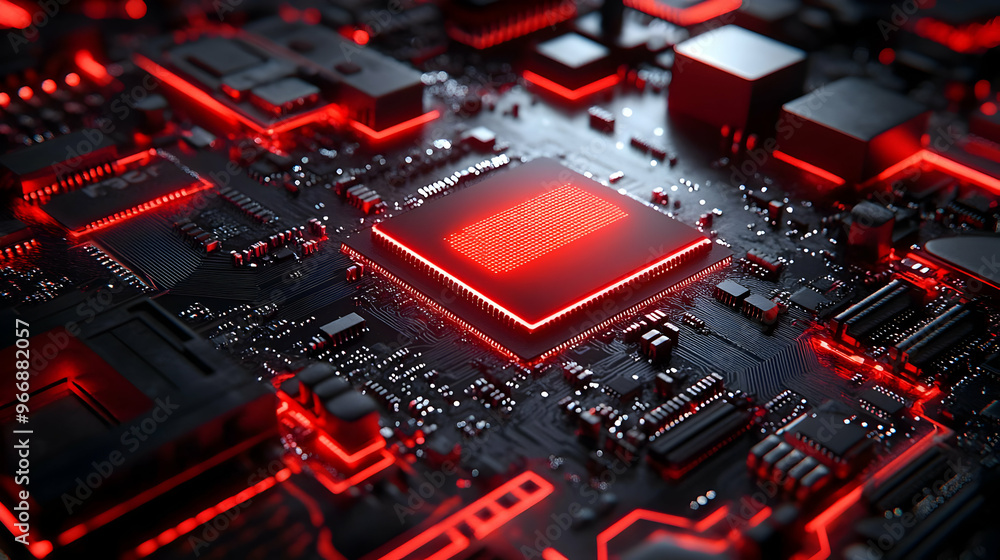 Poster a close-up of a circuit board with glowing red elements, highlighting technology and design.