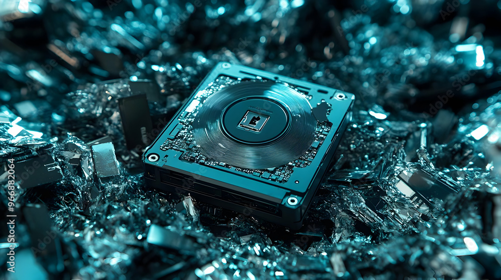 Poster a close-up of a computer processor surrounded by metallic debris, showcasing technology.