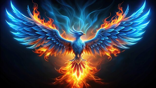 Silhouette of phoenix with blue wings emerging from fire symbolizing rebirth and enlightenment