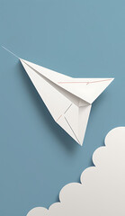 A minimal illustration of a paper airplane in mid-flight, with a dashed line indicating its path. The background is plain, highlighting the simple elegance of the airplane’s journey