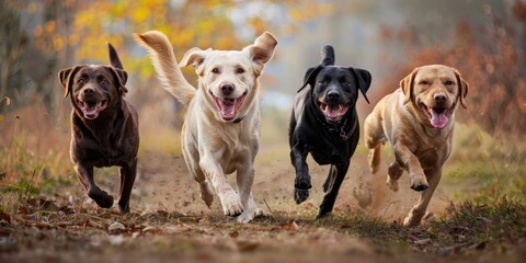 Obraz premium Group of Happy Labrador Retrievers Running Energetically