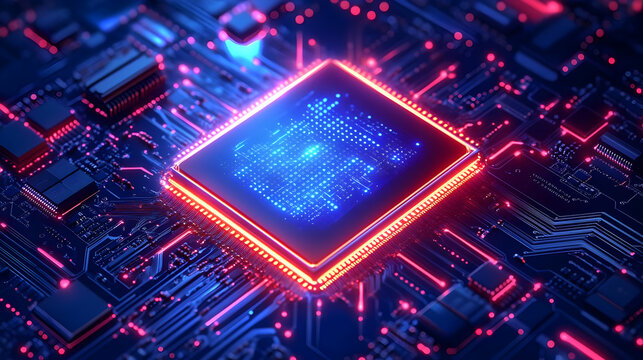 A close-up of a glowing microprocessor on a circuit board, showcasing technology and innovation.