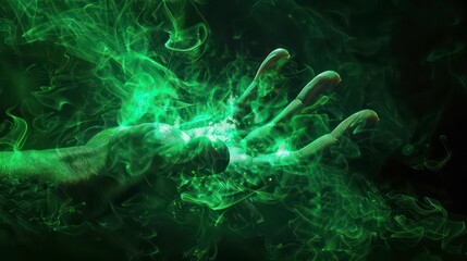 A translucent hand with green smoke swirling around it against a black background.