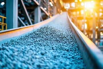 A Conveyor Belt Carrying a Pile of Gray Gravel Rocks
