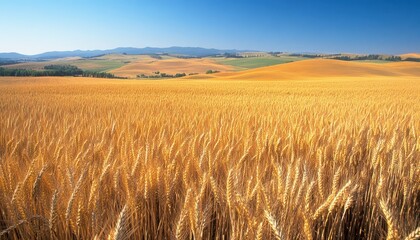 Obraz premium Golden Wheat Field with Rolling Hills and Blue Sky