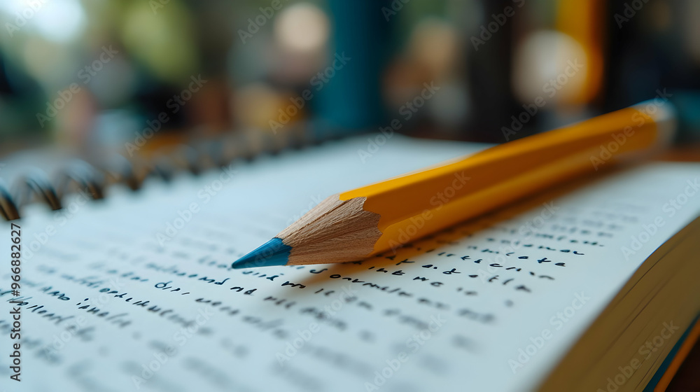Poster a close-up of a notebook with a sharpened pencil resting on the pages.