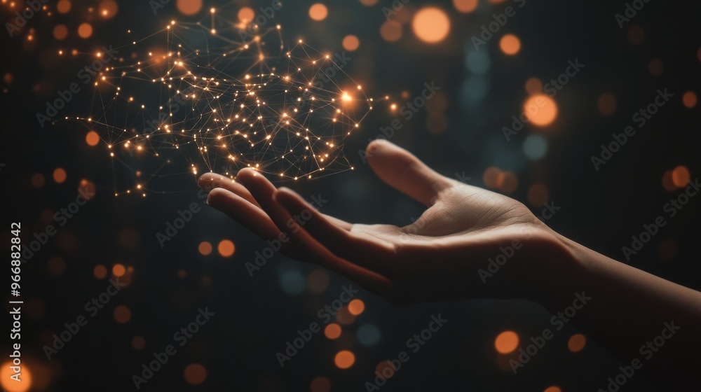 Aufkleber hands extend toward a luminous digital network, symbolizing the connection and exploration of techno